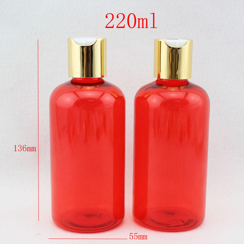 220ml empty red colored lotion cosmetic bottle container with gold cap,  PET bottles with aluminum lid, cosmetic packaging