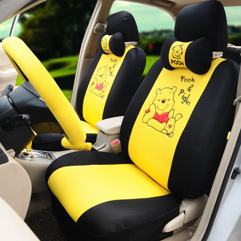 Cartoon Pooh Car Seat Covers 18pcs Ice Silk Car Steering