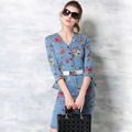 2015 fashion new european brand floral print blue jean dresses for women V neck sexy bodycon