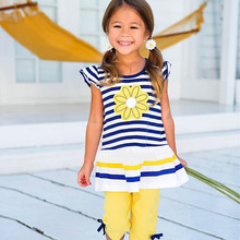 2015 New Girls Clothing Sets Baby Kids Clothes Suit Children Short Sleeve Striped T Shirt Pants