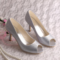 Wedopus New Style Heeled Wedding Shoes Open Toe Rhinestone Silver Satin Size 38