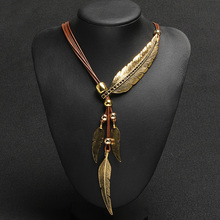 2016 New Arrival Brand Big Luxury Statement Pendant Necklace Vintage Maxi Women Accessories Rope Chain Feather Pattern 62