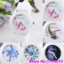 Newest Women s Geneva Flowers Printed White Silicone Band Analog Quartz Wrist WatchPopular Product 4KNY