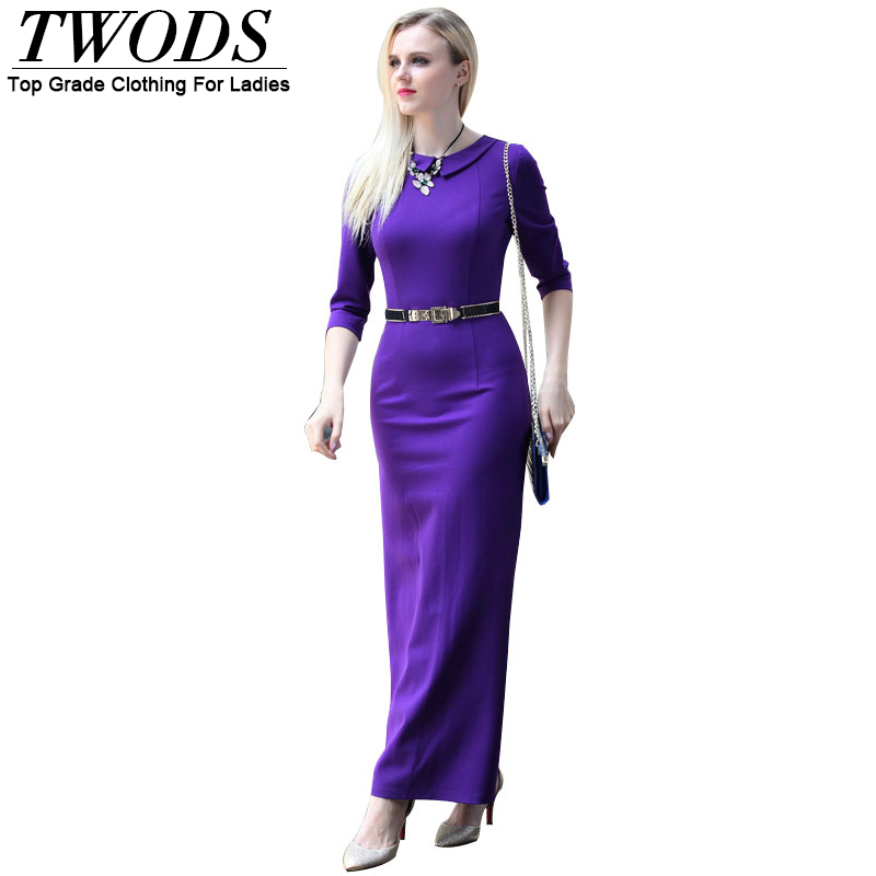 Twods 2016 New Arrival Female Elegant Purple Office Dress Peter Pan Collar Three Quarter Sleeve Slip Slim Pencil Maxi Dresses