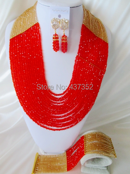 Beautiful 22'' Long 16 layers Champagne Gold and Red Crystal Nigerian Beads Necklaces African Wedding Beads Jewelry Set NC044