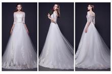 Vestido De Noiva New arrival 2015 fashion quality scoop neckline lace half sleeves with royal train