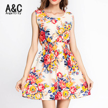 Brand New 2015 Summer mujeres sin mangas de impresión ocasional gasa vestido de la raya / impresión floral de la cintura elástico de bohemia vestidos para la playa