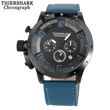 2016 new TIGERSHARK china brand Men watches sport chronograph black dial Arabic numbers quartz clock leather band waterproof