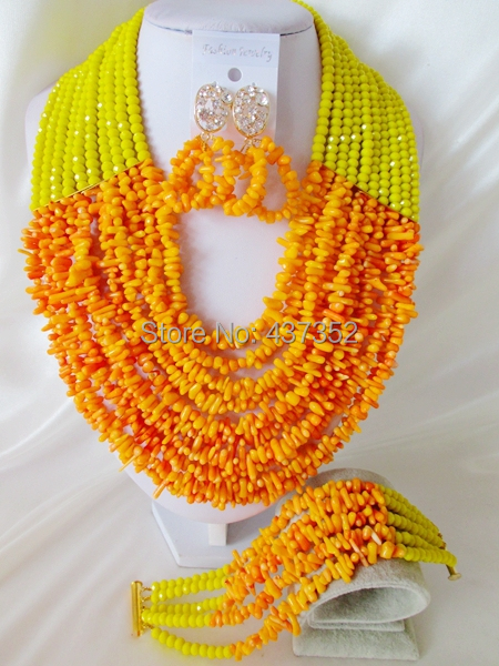 Lemon Yellow and Orange Party Nigerian Wedding African Coral  Beads Jewelry Set Free Shipping CPS3682