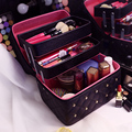 Women Cosmetic Bags Case High Quality Solid PU Leather Makeup Box With Diamond 3 layer Professional