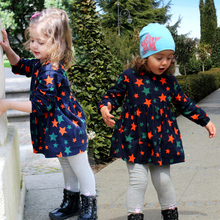 2016 New Arrival Kids Dresses For Girls Spring Casual Printing Five-Pointed Star Crew Neck Baby Dress Yellow And Dark Blue