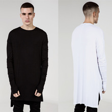 2015New Thumb Hole Cuffs Long Sleeve Tyga Swag Style Man High Low Side Split Hip Hop Top Tee T Shirt Crew T-shirt Men Clothes