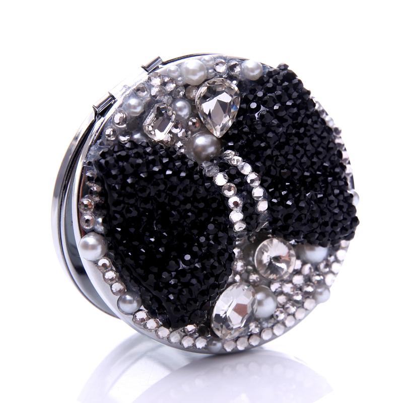 Crystal black bowknot pocket mirror portable double dual sides stainless steel frame cosmetic mirror makeup mirrors