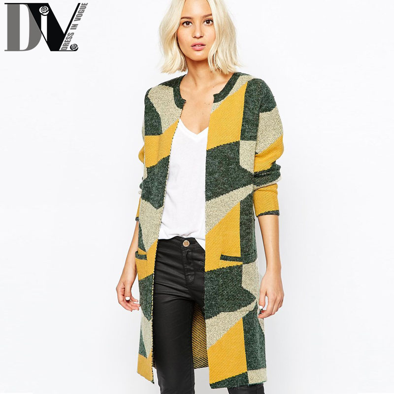 DIV High Quality Geometric Cardigans Sweaters O-Neck Open Stitch Pockets Design Long Outwear Autumn Computer Knitted Coat