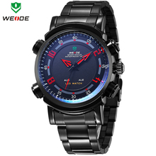 WEIDE Brand New Full Stainless Steel Quartz Watch Date Day Alarm LED Dual Time Illuminated Multi
