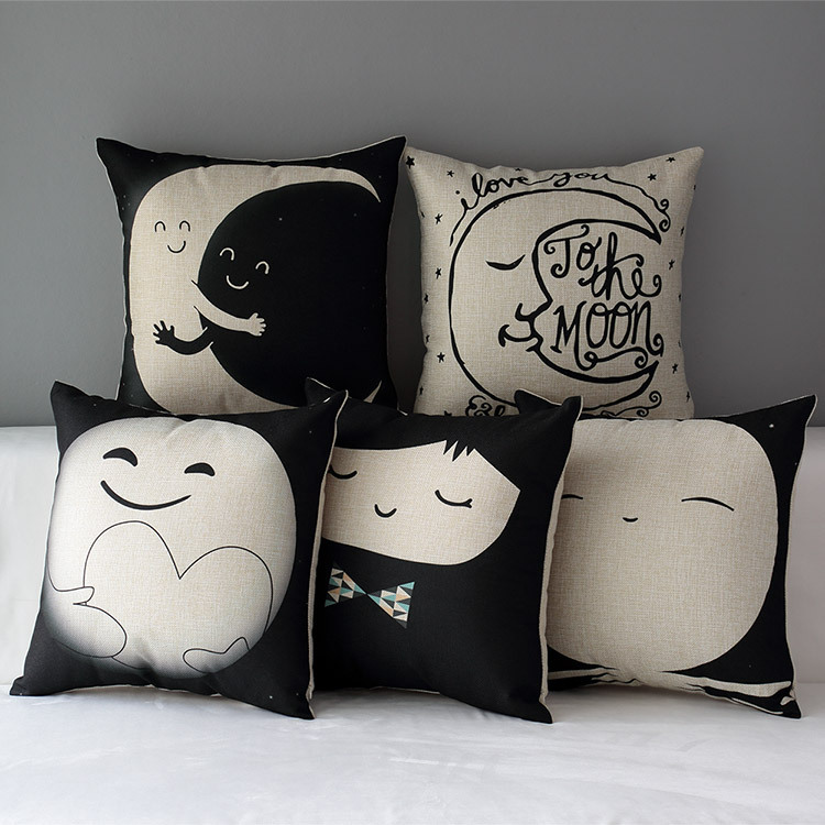 Black and white cushion cover cute moon pillowcases sofa cotton linen burlap decorations throw ...