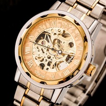 Top marca moda hombres Causl deportes para hombre de acero lleno Skeleton mecánicos mano de viento reloj del reloj