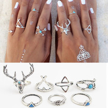 7PCSSET Bohemian Style Vintage Anti Silver Color Rings turquoise deer Fawn geometry arrow Rings Set for women J-295