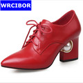 2017 New Spring Woman Genuine leather Sexy Thick Heels Pointed Toe Pumps Fashion lace up high