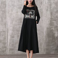 New Casual Autumn Spring Tunic Long Dress Fashion Crane Embroidery Pattern Round Neck Long Sleeve Loose