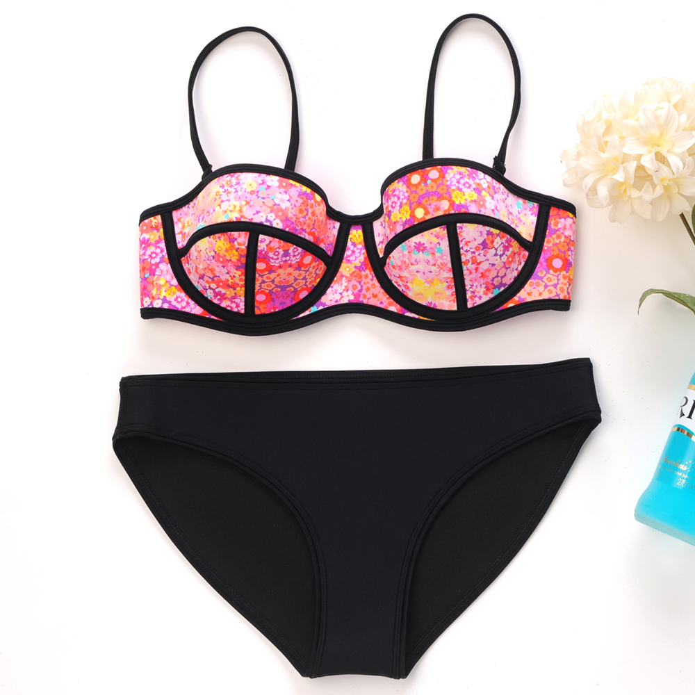 2016 sexy neoprene bikini set women push up underwine floral swimsuit swimwear bathing suit biquini swim suit