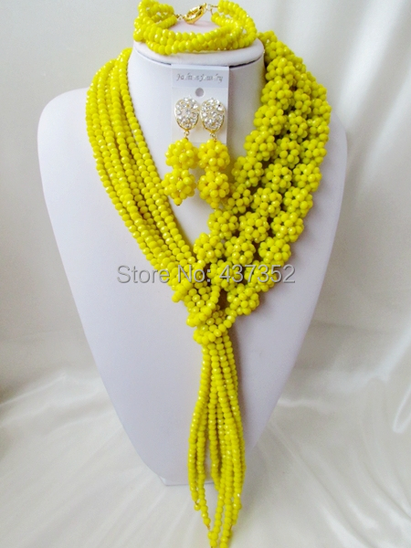 Beautiful 2015 New Opaque Yellow Crystal Ball Costume Necklaces Nigerian Wedding African Beads Jewelry Set NC1168
