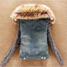 2015 New Women s Autumn Denim Jacket Women Winter Coat Slim Yarn Large Fur Collar Lamb