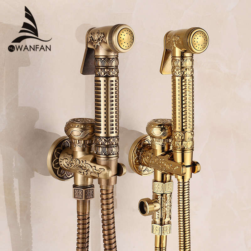 Free Shipping! Modern Golden Brass Bathroom Bidet Faucet Exquisite Carved With Hand Sprayer Gun 8891