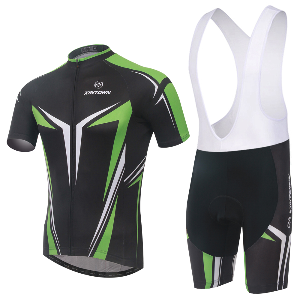 XINTOWN Green Men Cycling Set Outdoor Sports Suit Cycling Clothing Short Sleeve Jersey + Bib Shorts Set 100% Polyester Quick Dry