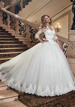 Exquisite V Neck Lace Up Three Quarter Sleeve Court Train Bow Crystal Sequined Lace Ball Gown