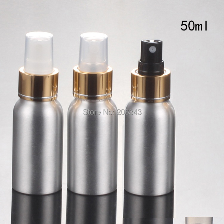 100pcs 50ml Aluminium bottle bottle Aluminum metal bottle with shiny gold  collar  white/transparent/black press pump
