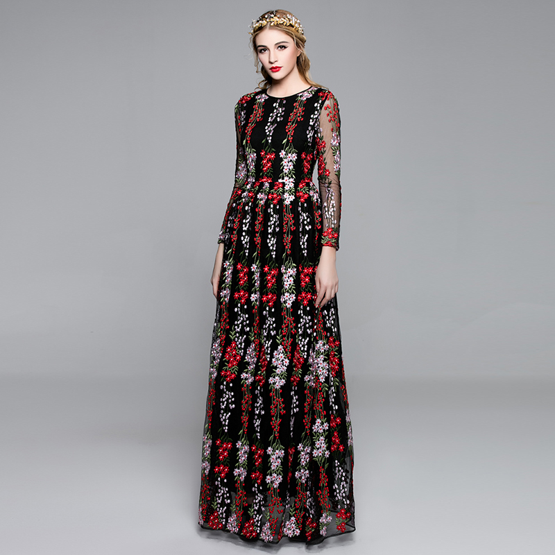Lace Long Dress Women 2016 Spring Autumn New Fashion Brand Full Sleeve Floor-Length Embroidery Mesh Design Elegant Dress