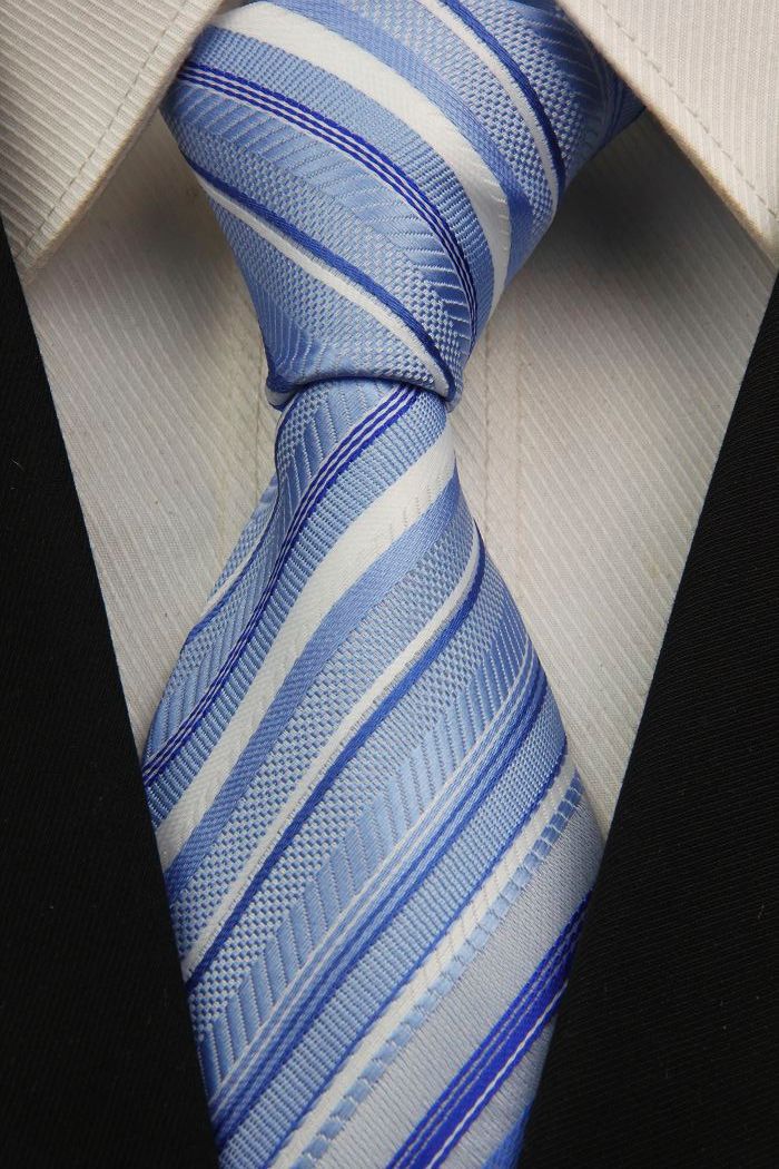 NT0023 White Blue Stripe Smooth Fashion Jacquard Woven Classic Silk Polyester Man s Business Wedding Tie