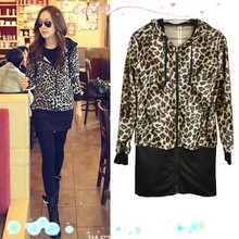 Women Long Sleeve Leopard Zipper Up Long Hoodie Tops Coat Pullover Sweatshirt Jumper Dress
