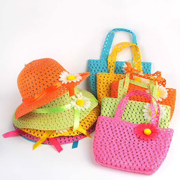 Girls Kids Beach Hats Bags Flower Straw Hat Cap Tote Handbag Bag Suit Children Summer Sun
