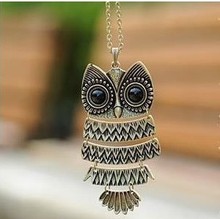 Free Shipping Korea Lovely Jewelry Ancient Bronze Owl Necklace oxeye black gem Ancient the Owl Sweater