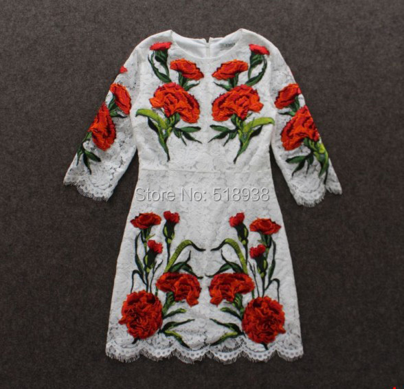 New 2015 spring summer women runway fashion luxury brand embroidery white black lace dress vintage carnations sexy slim dresses