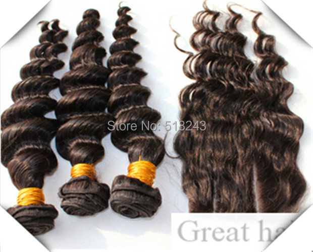 AAAAAhuman hair Weft 1 Lace Top Closure with 3Pcs Wefts 100% Unprocessed Brazilian Human Extensions DHL Free Shipping