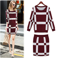 2016 autumn and winter fashion ladies knitted Plaid Korean autumn female bag hip skirt long sleeved