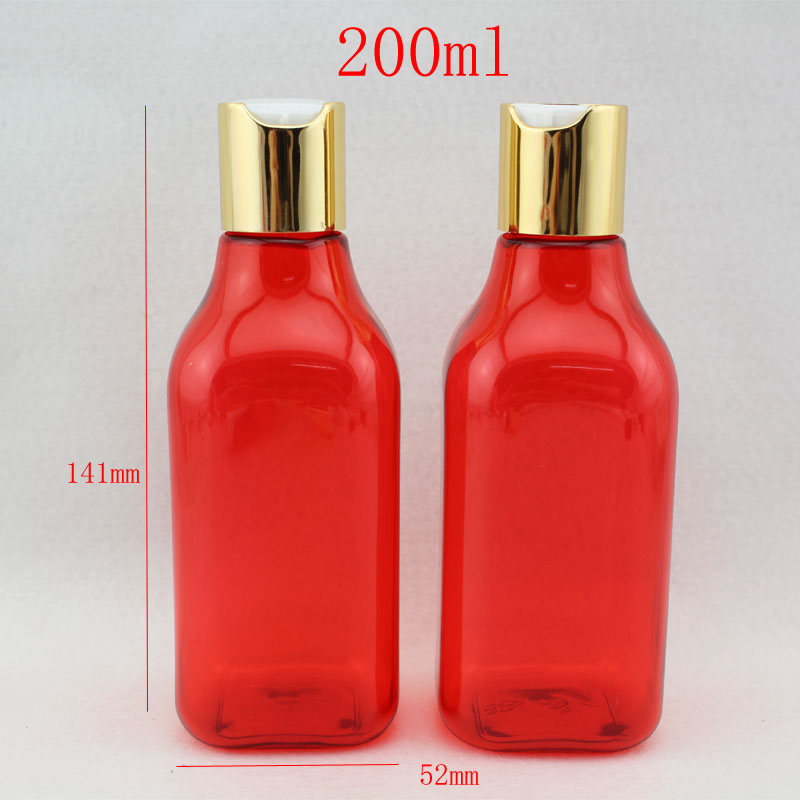 200ml empty red lotion cosmetic bottle container with gold cap, DIY square PET bottles with aluminum lid, cosmetic packaging