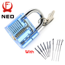 NED Blue Transparent Visible Pick Cutaway Practice Padlock Lock With Broken Key Removing Hooks Lock Extractor Set Locksmith Tool