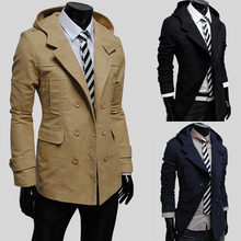 2014 New Time-limited Cotton Velvet Half Solid Brand Autumn Male Trench Fashion Double Breasted Slim with A Hood Outerwear Thin