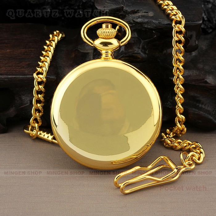 PQ094 Men Dress Gold Round Case Quartz Pocket Watch Chain