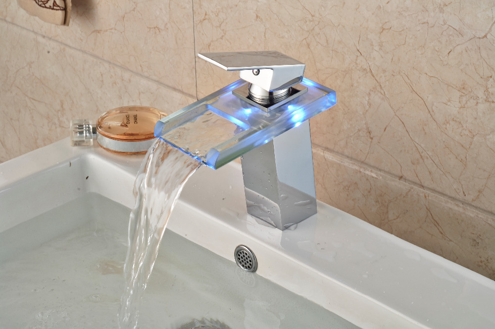 Free Shipping ! LED Chrome Finish Deck Mounted Waterfall  Basin Faucet Single Handle Vessel Sink Mixer  tap Single  Handle
