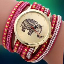 New 2015 Fashion Quartz Wristwatches DIY Korea Cashmere Women Rhinestone Watch Elephant Pattern Gold Plated Bracelets