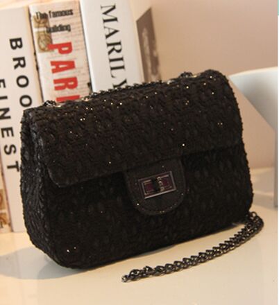 Black glitter lace buckle chain bag cute fashion fun mini shoulder bag high quality fabrics fashion