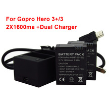 Dual charger + 2 pcs 1600mAh Rechargeable Battery AHDBT-301 AHDBT-201 for Gopro Hero 3+/3 Hero3+ Hero3 Camera Hero2 Go Pro
