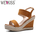 WETKISS 2017 New Kid Suede Leather Women Sandals Fashion Straw Weave Wedges Summer Shoes Woman Back