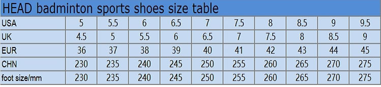 HEAD Shoes Size Chart
