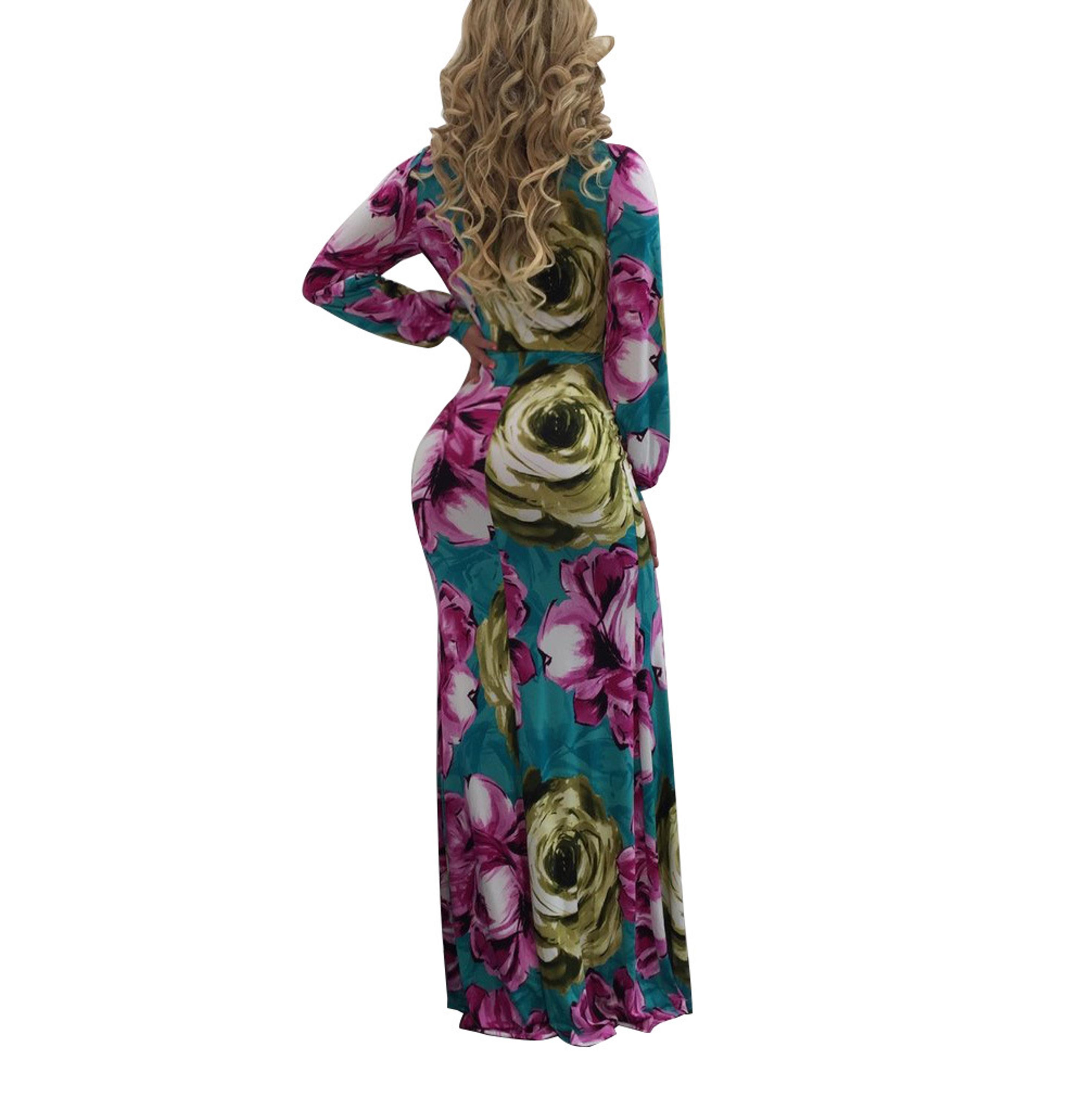 Womens Sexy Deep V Neck Floral Printed Slim Long Maxi Dresses For